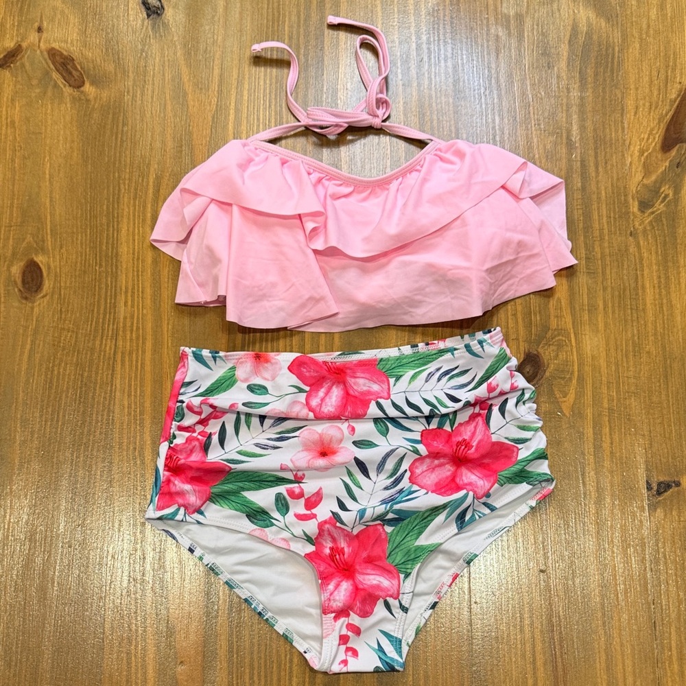 Pink Floral flowy Bikini high ruched waisted tankini NWOT Small women’s swim